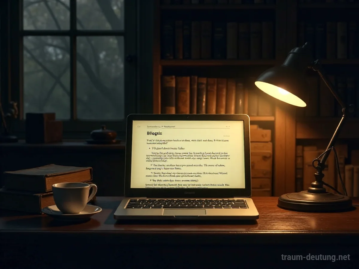 Traumdeutung Blog: Ein offener Blogbeitrag auf einem alten Laptop in einem dunklen, gemütlichen Arbeitszimmer, beleuchtet von einer Schreibtischlampe.