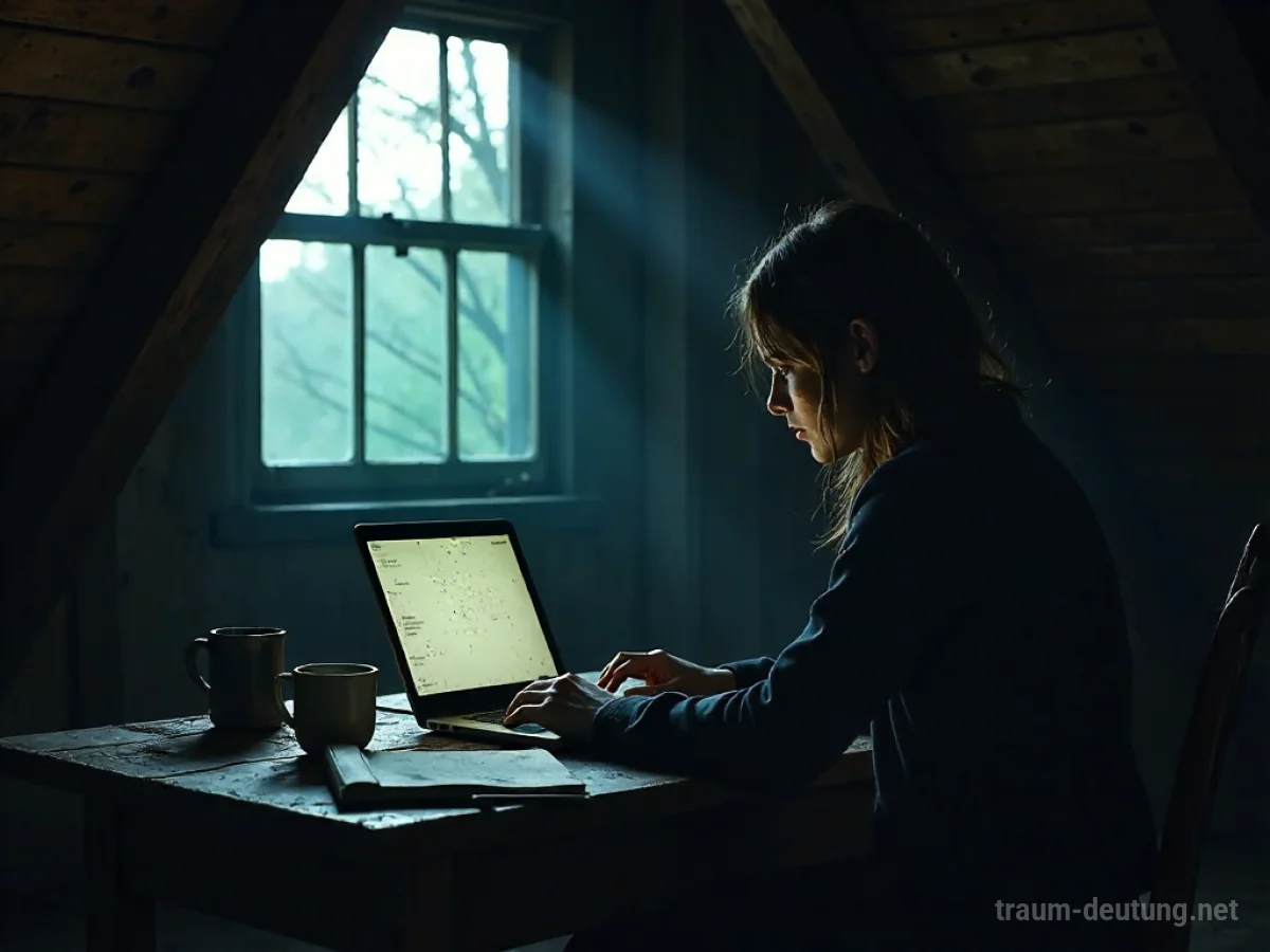 Traumdeutung Blogger: Eine einzelne Person sitzt an einem abgenutzten Schreibtisch in einem dämmrigen Dachzimmer und konzentriert sich auf das leuchtende Display eines Laptops, umgeben von Papieren und Mondlicht.