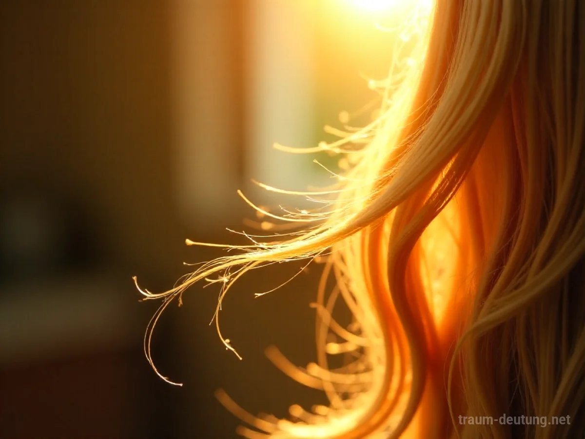 Traumsymbol Blond: Eine einzelne goldblonde Haarsträhne, beleuchtet von sanftem Sonnenlicht, das durch ein Fenster fällt, mit sichtbaren Staubpartikeln in der Luft.