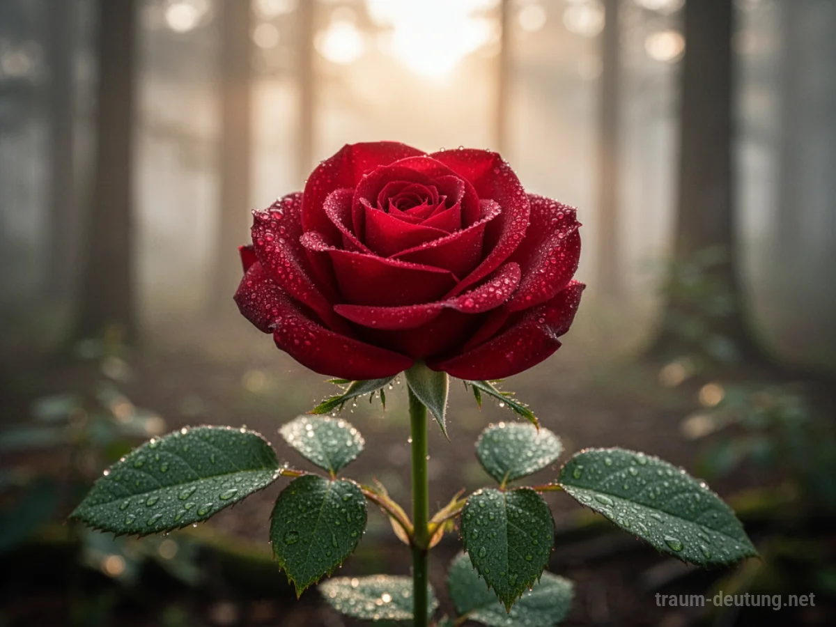 Traumsymbol Blume: Eine einzelne, samtrote Rose entfaltet sich im sanften Morgengrauen, umgeben von feinem Nebel und glitzernden Tautropfen.