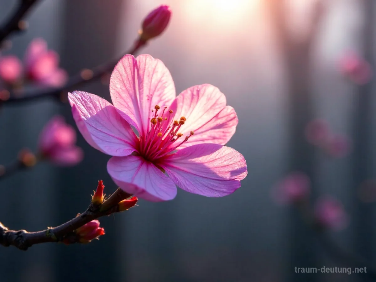 Traumsymbol Blüte: Eine zarte, rosa Kirschblüte entfaltet sich im sanften Licht eines nebligen Waldes, umgeben von taufrischen Details.