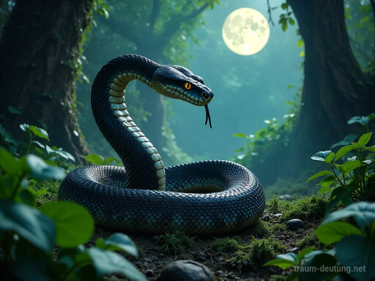 Traumsymbol Boa: Eine mächtige Boa schlingt sich um eine bemooste Steinstatue in einem nebligen Dschungel unter Mondlicht.
