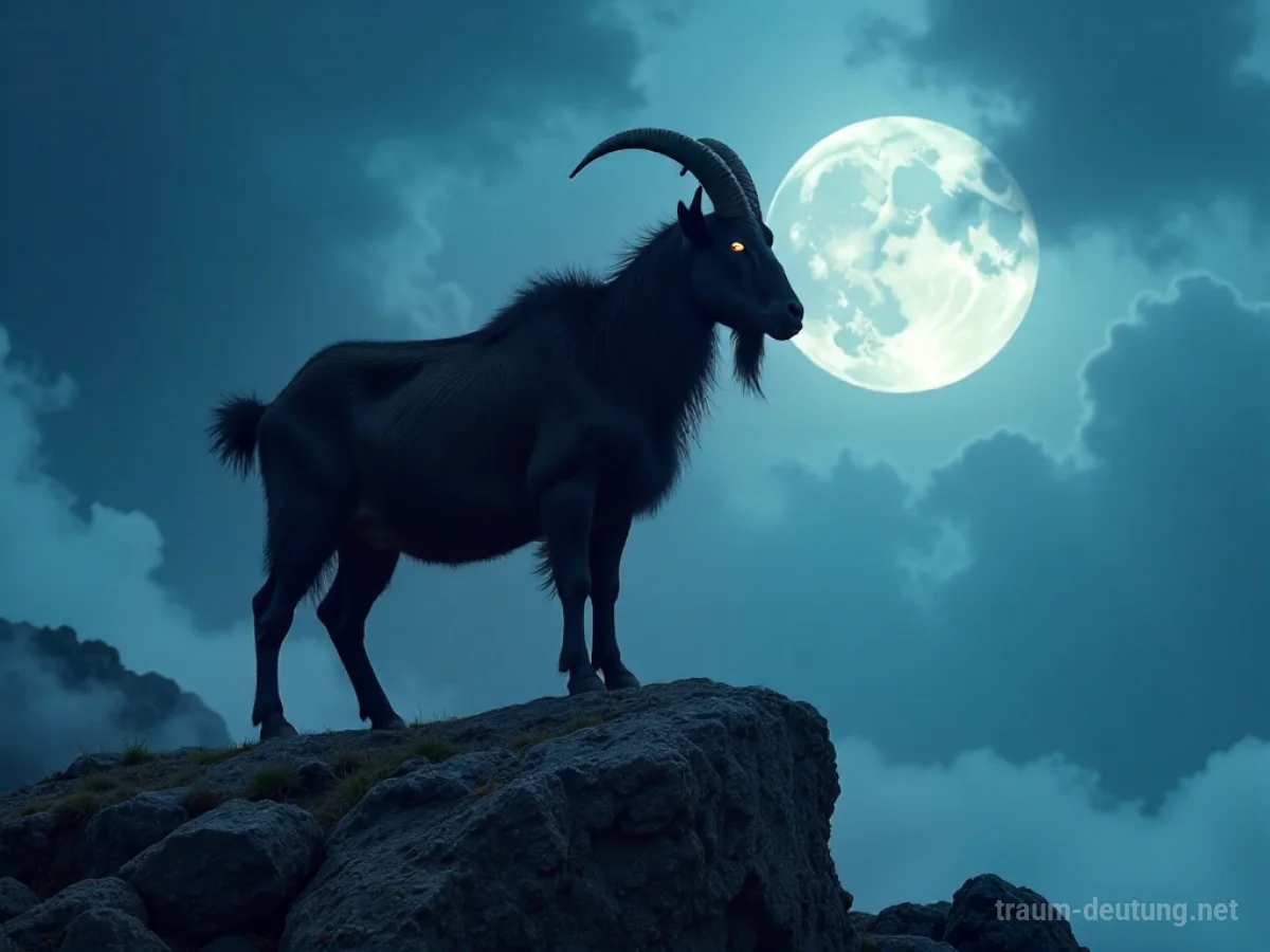Traumsymbol Bock: Ein mächtiger, muskulöser Ziegenbock steht auf einem felsigen Vorsprung unter einem dramatischen, mondbeleuchteten Himmel, seine Augen leuchten intensiv.