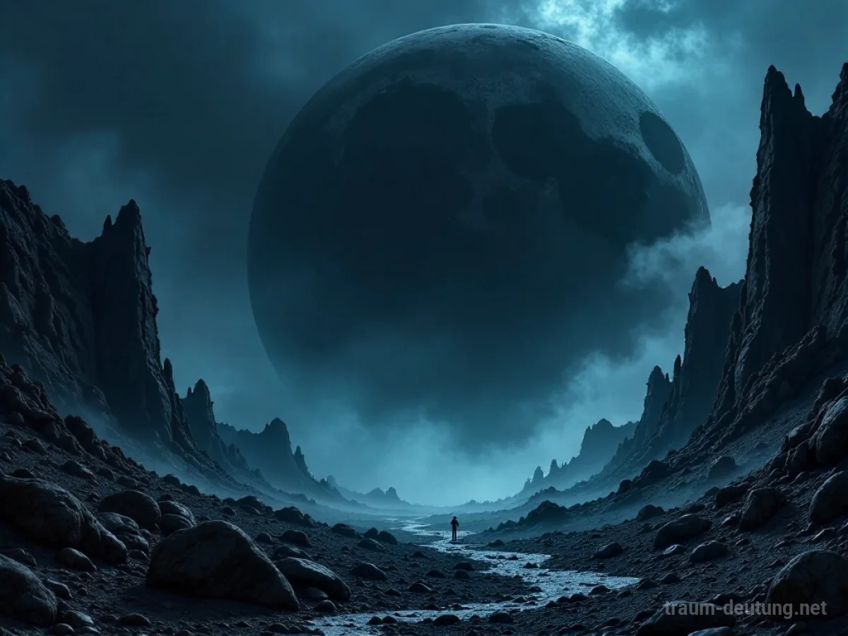 Traumdeutung Böses: Ein dunkler, wirbelnder Schatten dominiert eine trostlose Mondlichtlandschaft mit zerklüfteten Felsen und kalten Nebelschwaden.
