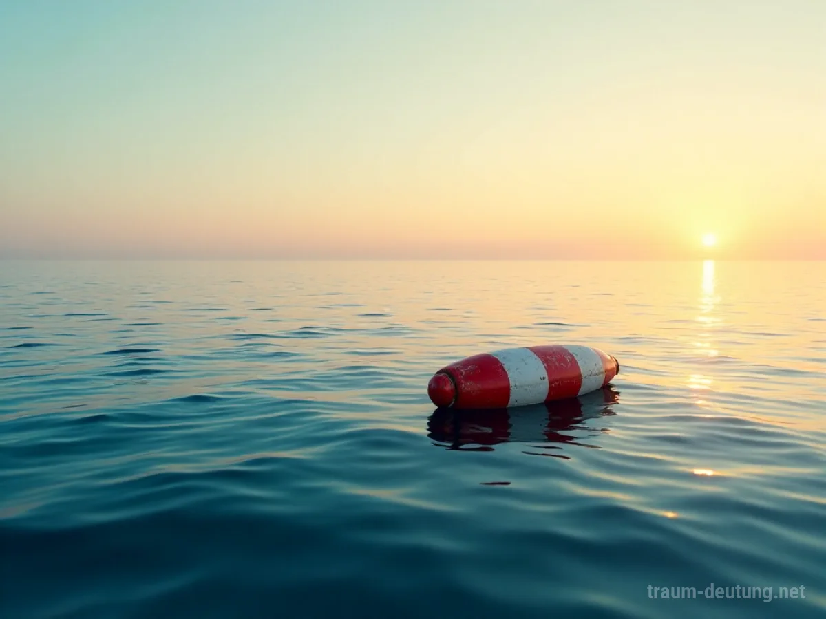 Traumsymbol Boje: Eine einzelne, verwitterte rot-weiß gestreifte Boje treibt ruhig auf ruhigem, tiefblauem Meerwasser bei Sonnenuntergang.
