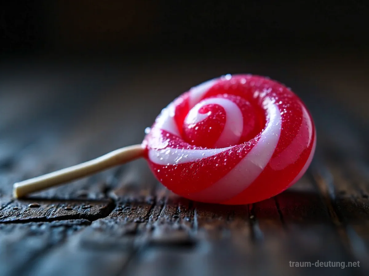 Traumsymbol Bonbon: Ein einzelner, leuchtend rot-weiß gestreifter Lutscher liegt auf einer dunklen Holzoberfläche, beleuchtet von sanftem Licht.