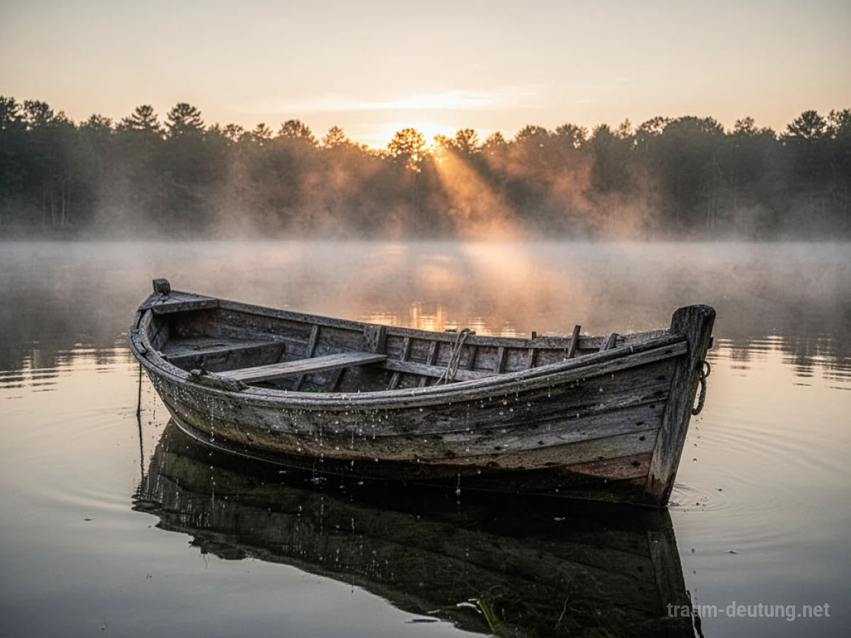 Traumsymbol Boot: Ein altes Holzboot liegt ruhig auf einem nebelverhangenen See im sanften Licht der Morgendämmerung.