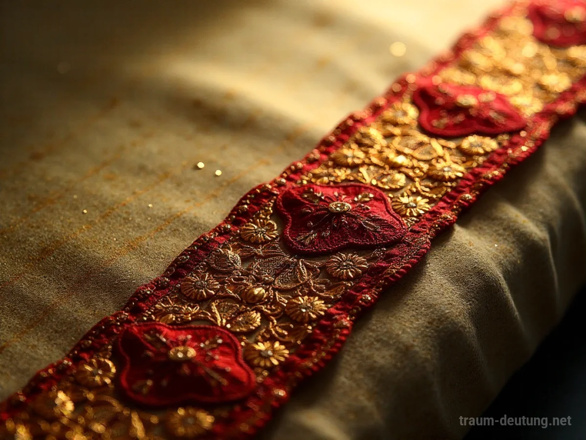Traumsymbol Borte: Eine detailreiche, goldene Borte mit roten Fäden auf altem Samt, beleuchtet von seitlichem Licht.