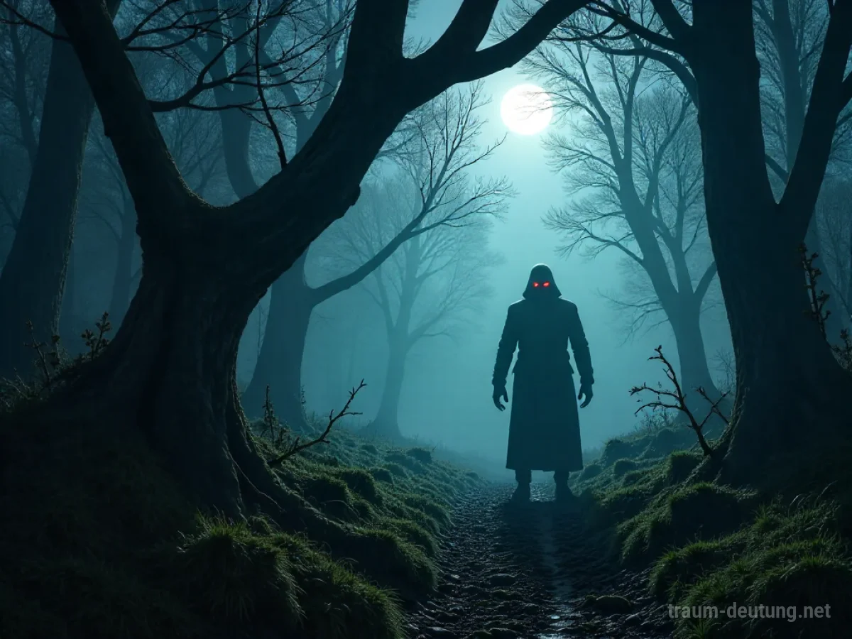 Traumsymbol Bosheit: Eine unheimliche, schattenhafte Gestalt mit glühenden roten Augen lauert in einem dunklen, verdrehten Wald, beleuchtet von spärlichem Mondlicht und umgeben von dichtem Nebel.