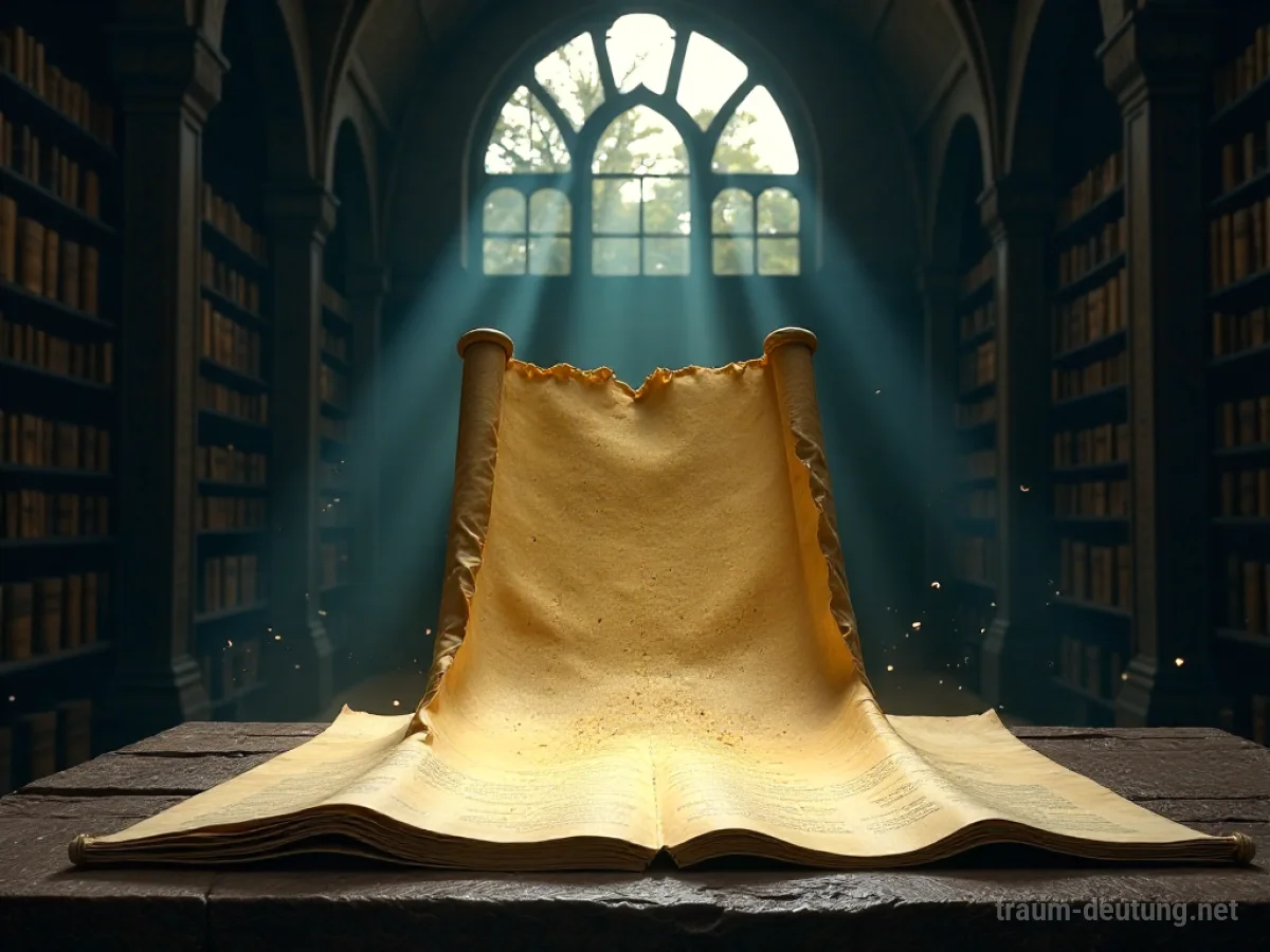 Traumsymbol Botschaft: Eine einzelne, ätherische Schriftrolle entfaltet sich langsam in einer schwach beleuchteten, antiken Bibliothek, beleuchtet von Mondlicht.