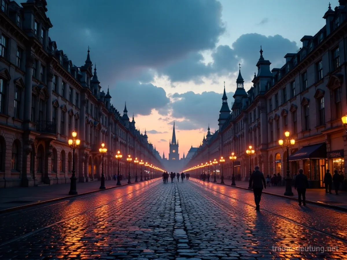 Traumsymbol Boulevard: Ein breiter, prächtiger Boulevard erstreckt sich in die Ferne unter einem dramatischen Dämmerungshimmel, gesäumt von alten Gebäuden und nassen Kopfsteinpflastern, die das Licht von Straßenlaternen reflektieren.