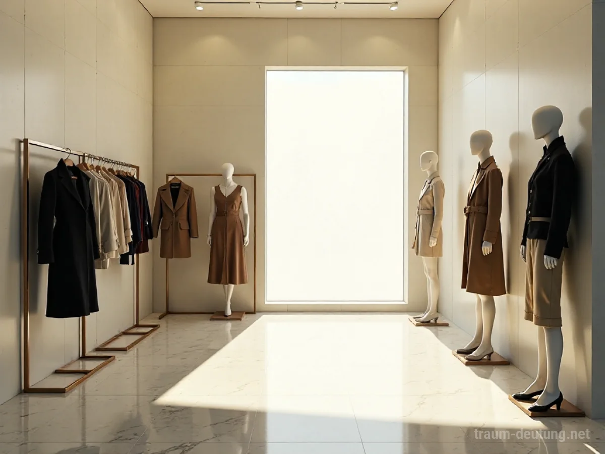 Traumdeutung Boutique: Innenansicht einer luxuriösen, minimalistischen Boutique mit eleganten Schaufensterpuppen und polierten Marmorböden.