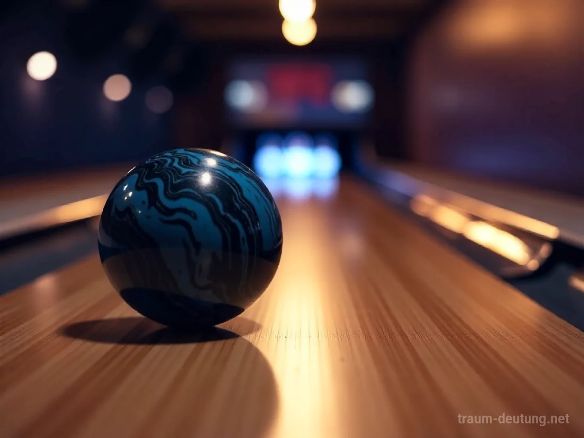 Traumsymbol Bowling: Ein polierter blauer und schwarzer Bowlingball liegt auf einer dunklen Holz-Bowlingbahn, beleuchtet von warmen Scheinwerfern, mit entfernten Kegeln im Hintergrund.
