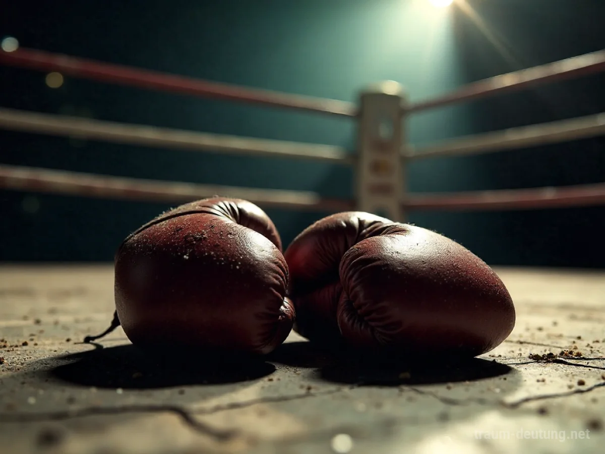 Traumdeutung Boxen: Ein Paar abgenutzte Leder-Boxhandschuhe ruht auf dem staubigen Boden eines Boxrings, beleuchtet von einem einzelnen Scheinwerfer.