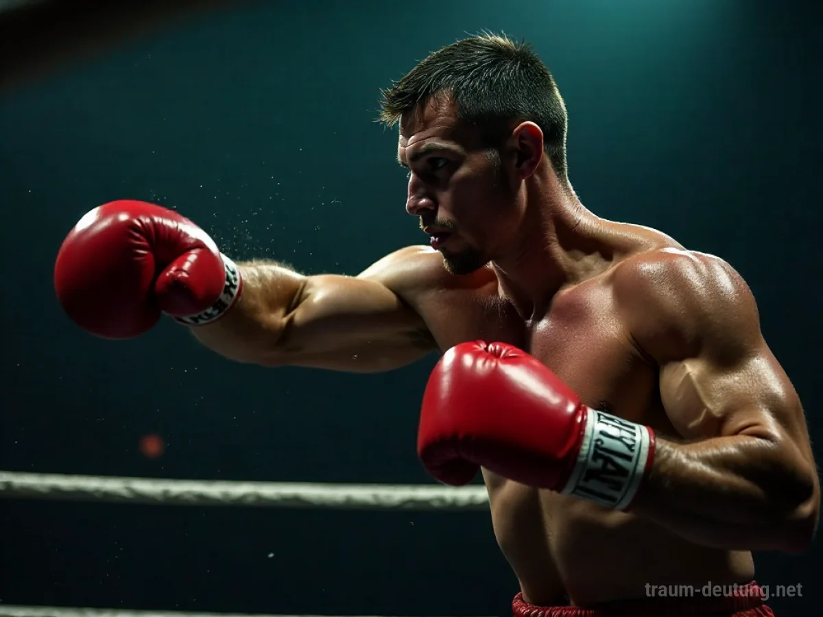 Traumdeutung Boxer: Ein muskulöser Boxer in voller Aktion, Schweiß glänzt auf seiner Haut im dramatischen, kontrastreichen Licht eines düsteren Boxrings.