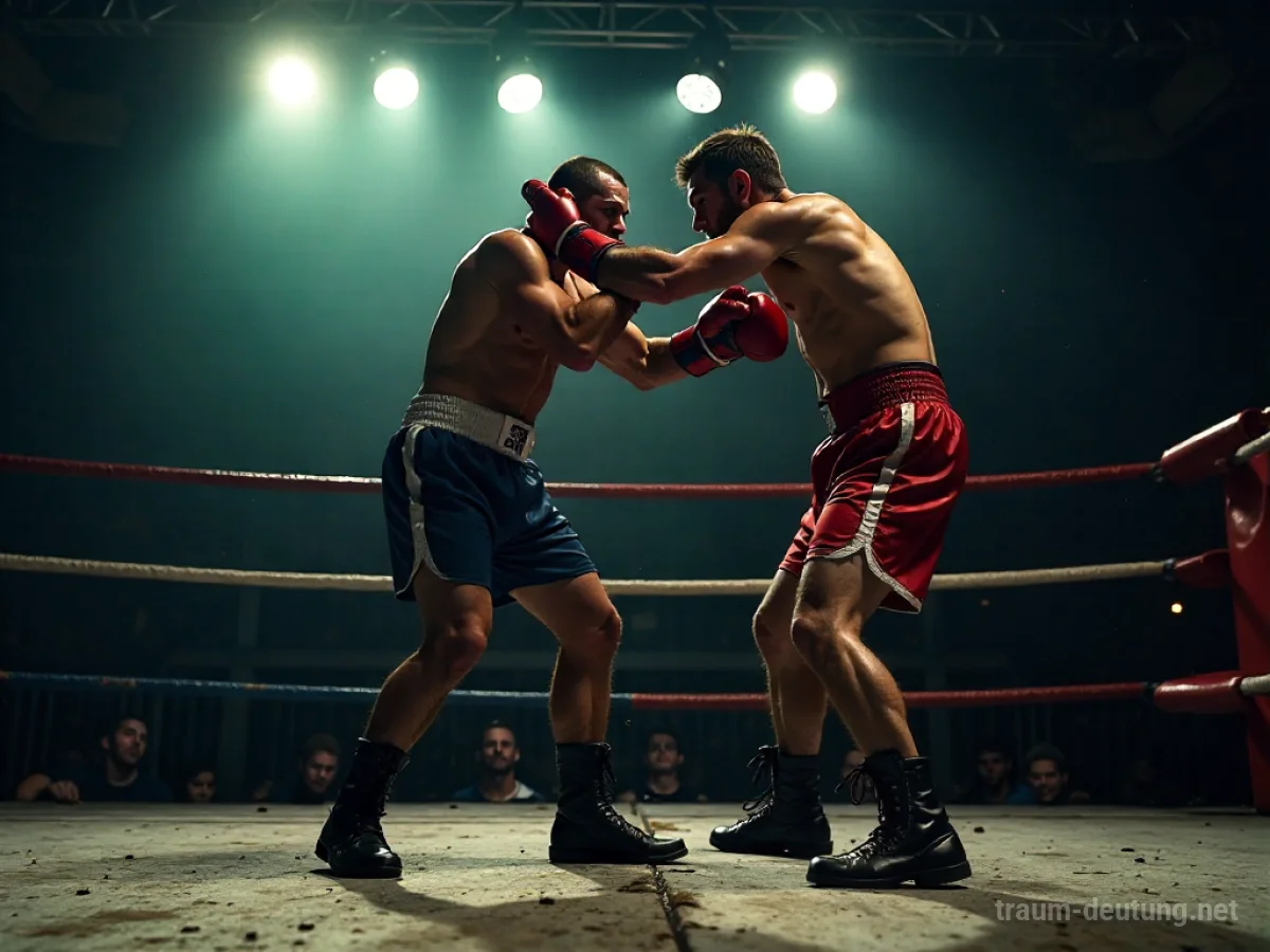 Traumdeutung Boxkampf: Zwei Boxer in einem dunklen Ring, gefangen in einem intensiven Clinch, unter schummrigem Licht, das die Anspannung und den Kampfgeist einfängt.