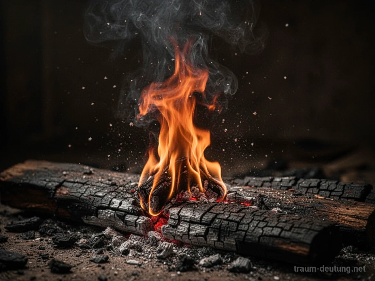 Traumsymbol Brand: Eine einzelne, intensive Flamme mit tiefen orange-roten Tönen steigt aus einer dunklen, verkohlten Holzoberfläche auf, umgeben von Rauch und dramatischem Licht.