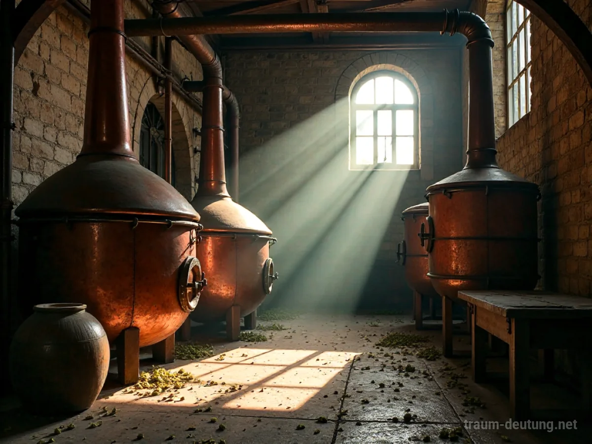Traumsymbol Brauerei: Innenansicht einer traditionellen, alten Brauerei mit kupfernen Kesseln und Sonnenlicht, das durch staubige Fenster fällt.
