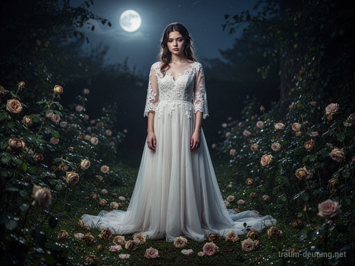 Traumsymbol Braut: Eine junge Frau in einem antiken weißen Brautkleid steht in einem mondbeschienenen, verwilderten Garten mit verwelkten Rosen.