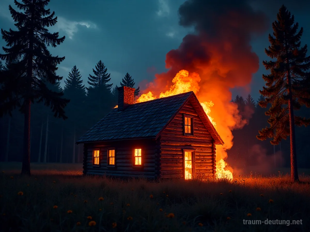 Traumdeutung Brennen: Ein altes Holzhaus steht in Flammen, während Rauch und Glut in den Abendhimmel aufsteigen.