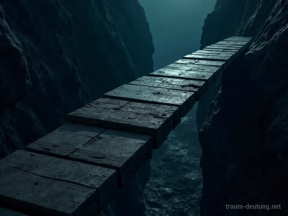 Traumsymbol Brett: Ein verwittertes Holzbrett überspannt eine dunkle Schlucht im fahlen Mondlicht, was eine unsichere Überquerung darstellt.