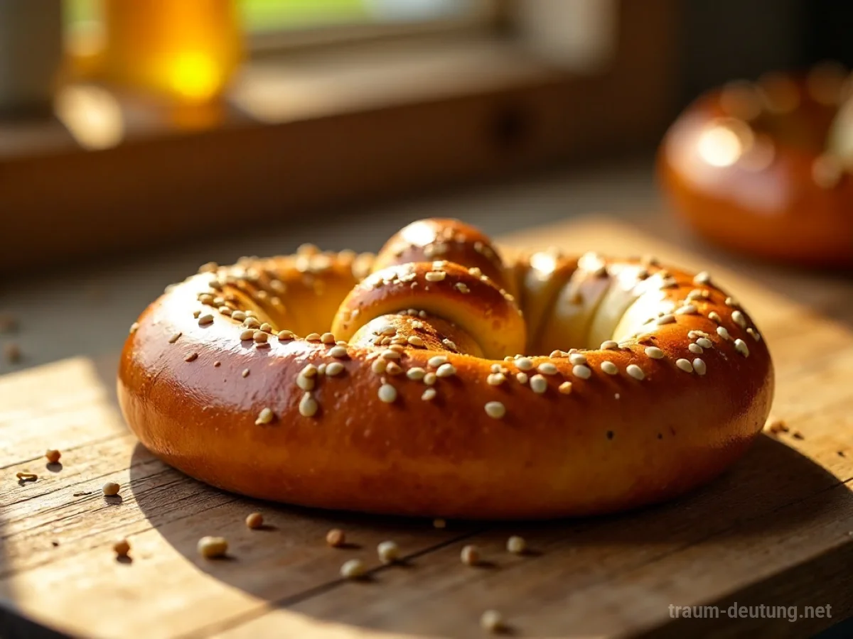 Traumsymbol Brezel: Eine frisch gebackene, goldbraune Brezel liegt auf einem rustikalen Holztisch, beleuchtet von sanftem Morgenlicht, mit einzelnen Sesamkörnern darum verstreut.