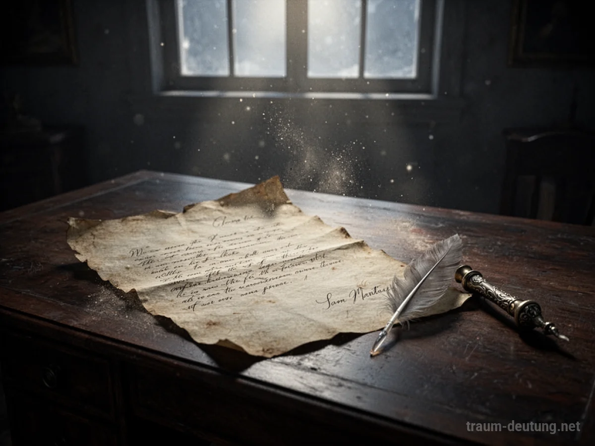 Traumsymbol Brief: Ein geöffneter, vergilbter Brief mit handschriftlicher Schrift liegt auf einem dunklen Holzschreibtisch, beleuchtet von sanftem Mondlicht.