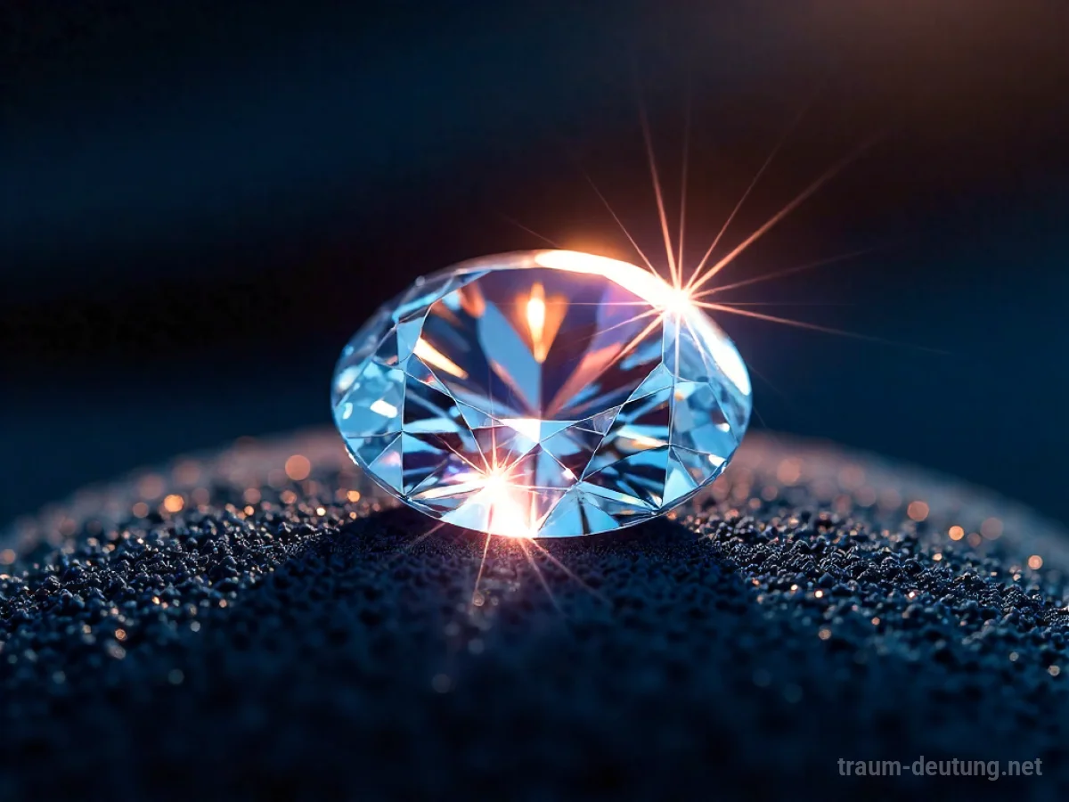 Traumsymbol Brillant: Ein einzelner, perfekt geschliffener Diamant mit unzähligen Facetten liegt auf einem dunklen Samtkissen, umgeben von scharfen Lichtstrahlen, die ein Kaleidoskop aus Farben erzeugen.