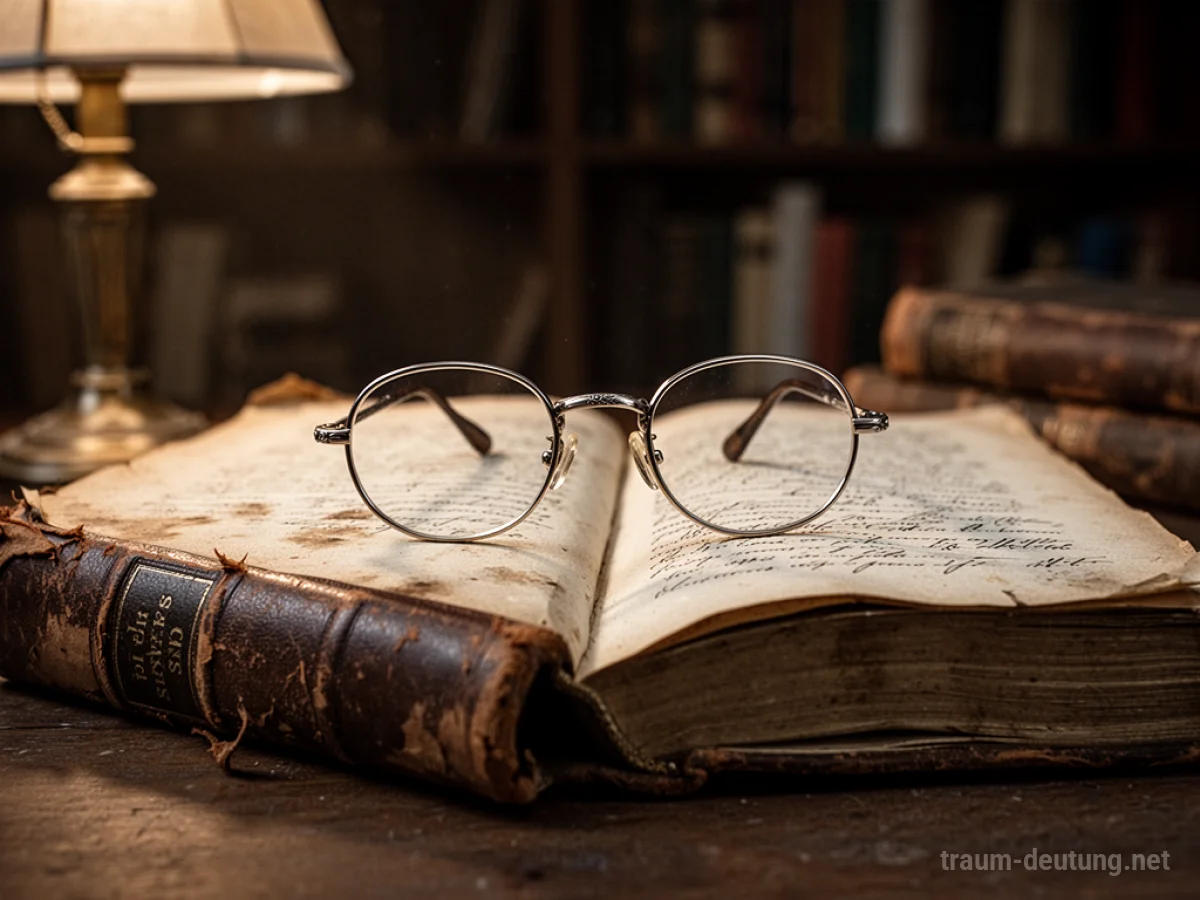 Traumdeutung Brille: Eine elegante Vintage-Brille liegt auf einem alten Buch in warmem Lampenlicht.