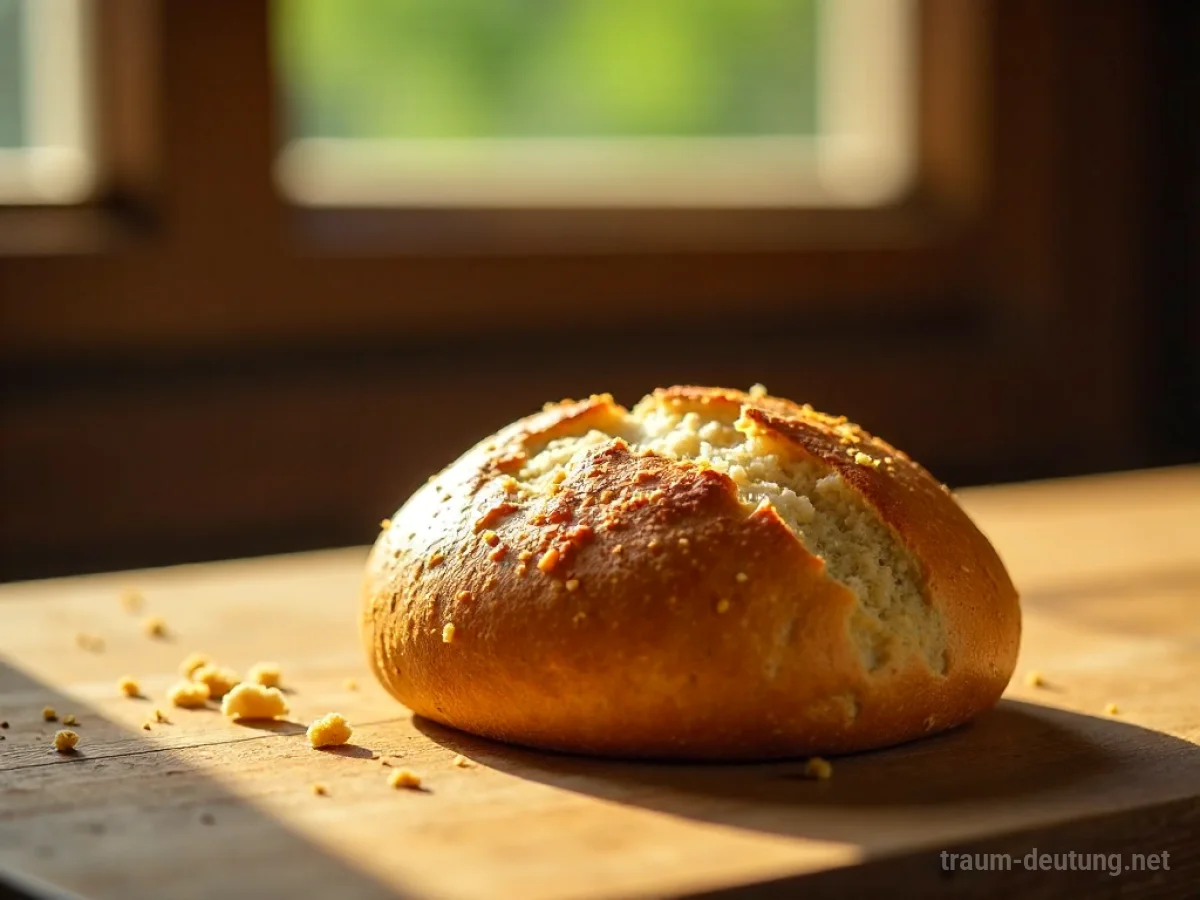 Traumsymbol Brötchen: Ein einzelnes, goldbraunes Brötchen mit knuspriger Kruste liegt auf einem rustikalen Holztisch im warmen Morgenlicht.