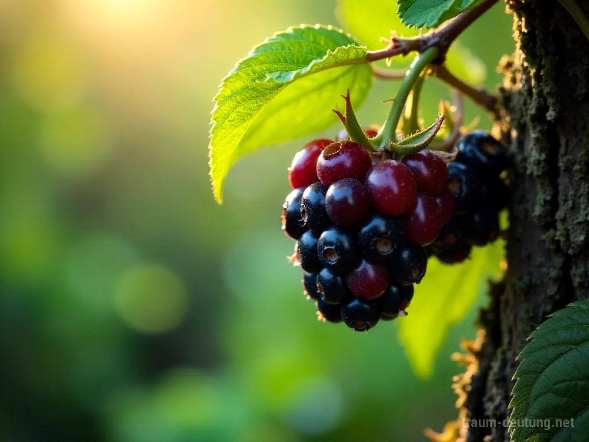 Traumsymbol Brombeere: Ein detaillierter Blick auf reife, dunkle Brombeeren an einem dornigen Zweig im Waldeslicht, mit Tautropfen auf den Beeren.