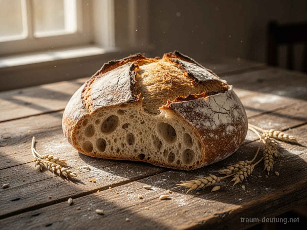 Traumsymbol Brot: Ein rustikales Sauerteigbrot liegt auf einem Holztisch im warmen Morgenlicht, umgeben von Weizenkörnern.