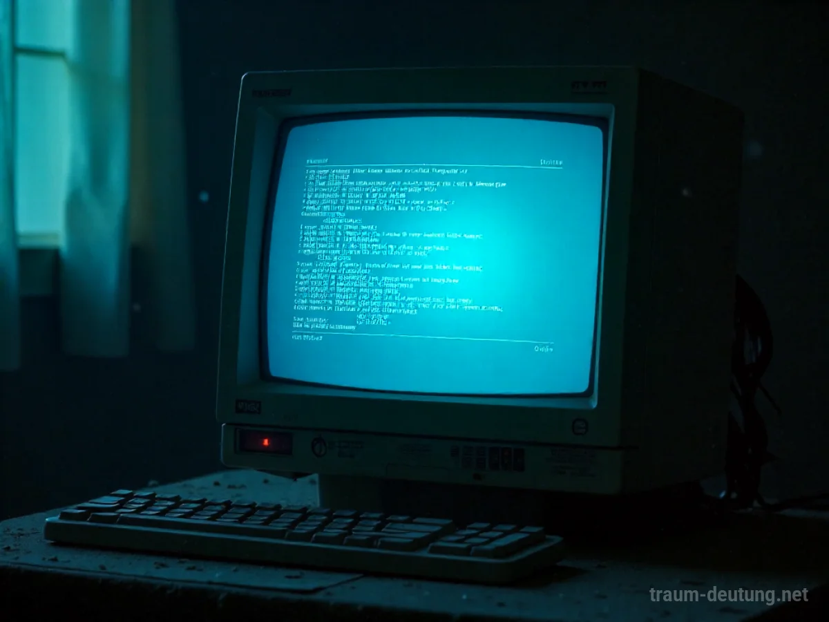 Traumdeutung Browser: Ein alter, leuchtender Computermonitor zeigt eine abstrakte Browser-Oberfläche, die einen mysteriösen blauen Schein in einen dunklen, staubigen Raum wirft.