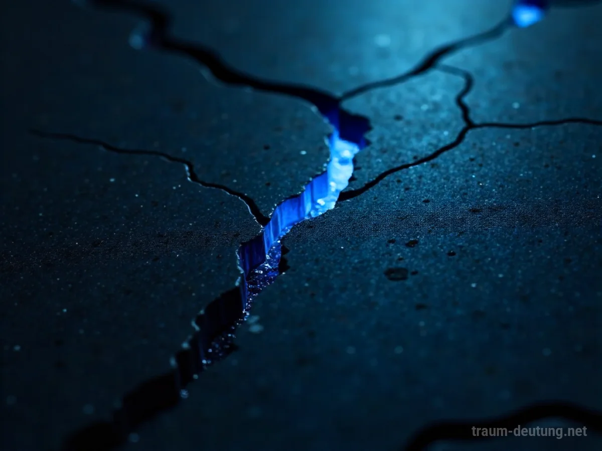 Traumsymbol Bruch: Ein scharfer Riss durchzieht eine dunkle Obsidianfläche, aus dem ein schwaches blaues Licht dringt, umgeben von feinen Staubpartikeln in gedämpftem Licht.