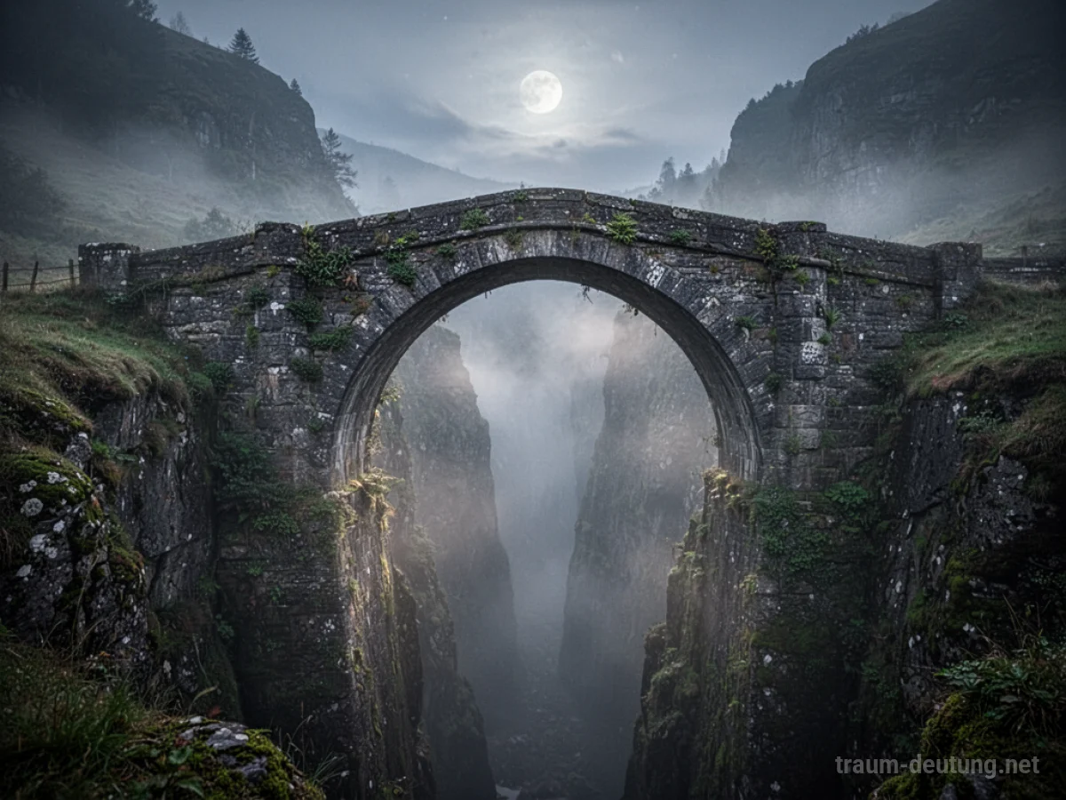 Traumsymbol Brücke: Eine majestätische Steinbrücke wölbt sich über einer nebelverhangenen Schlucht im Mondlicht.