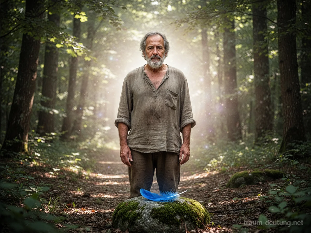 Traumsymbol Bruder: Ein Mann mit nachdenklichem Blick steht in einem hellen Wald, hinter ihm leuchtet ein sanfter Glanz, eine blaue Feder liegt am Boden.