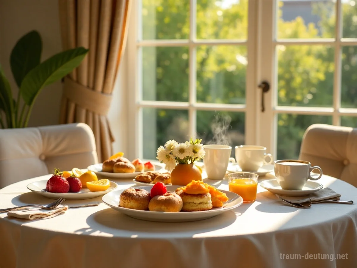 Traumsymbol Brunch: Ein festlich gedeckter Tisch mit Speisen und Getränken in einem hellen Raum, der Gemeinschaft und Genuss im Traum darstellt.