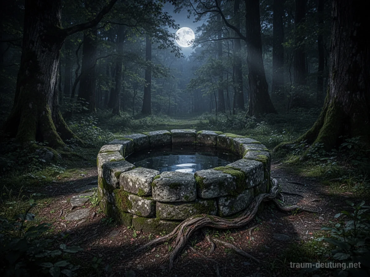 Traumsymbol Brunnen: Ein alter Steinturmbrunnen in einer mondbeschienenen Waldlichtung, dessen dunkles Wasser das Mondlicht reflektiert.