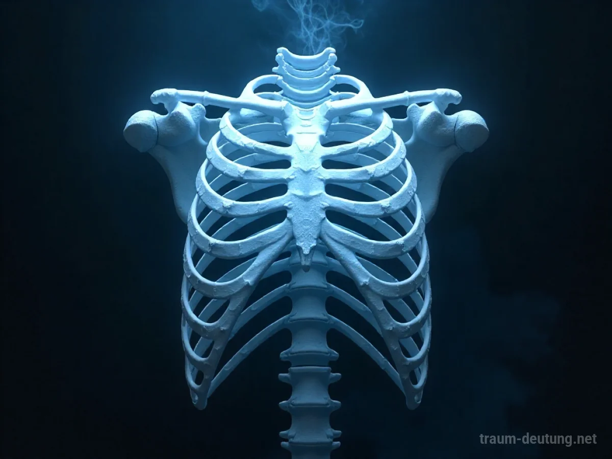 Traumsymbol Brustkorb: Ein detaillierter menschlicher Brustkorb schwebt in einem dunklen, ätherischen Nichts, beleuchtet von einem sanften, blauen Licht von innen.