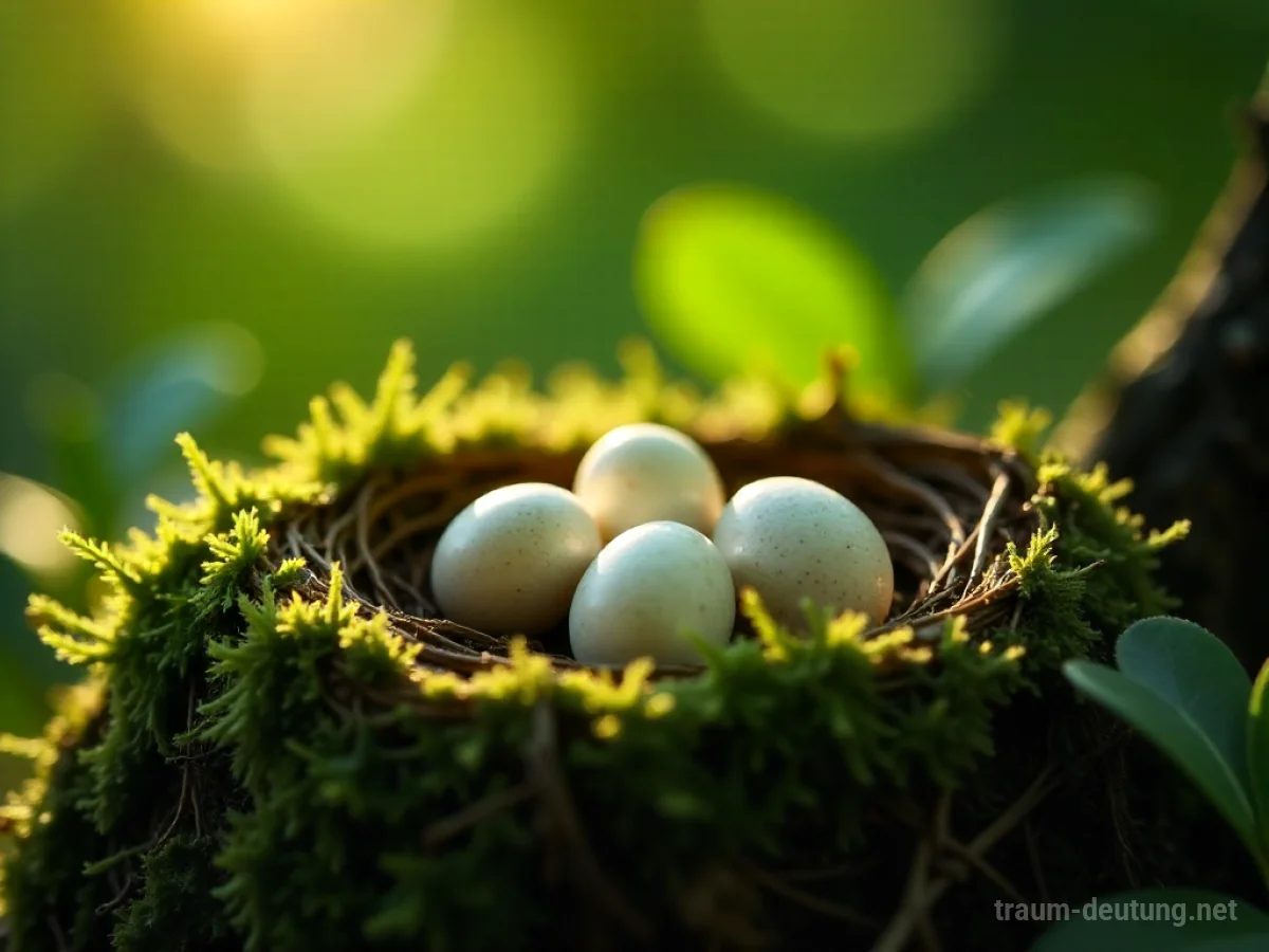 Traumsymbol Brut: Mehrere kleine, zarte Vogel-Eier liegen eng beieinander in einem moosbewachsenen Nest, beleuchtet von sanftem Sonnenlicht.