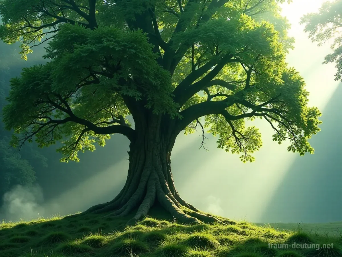Traumsymbol Buche: Ein alter, majestätischer Buchenbaum steht allein in einem nebligen Wald, dessen Sonnenlicht durch das dichte Blätterdach fällt und eine Atmosphäre von Weisheit und Ruhe schafft.