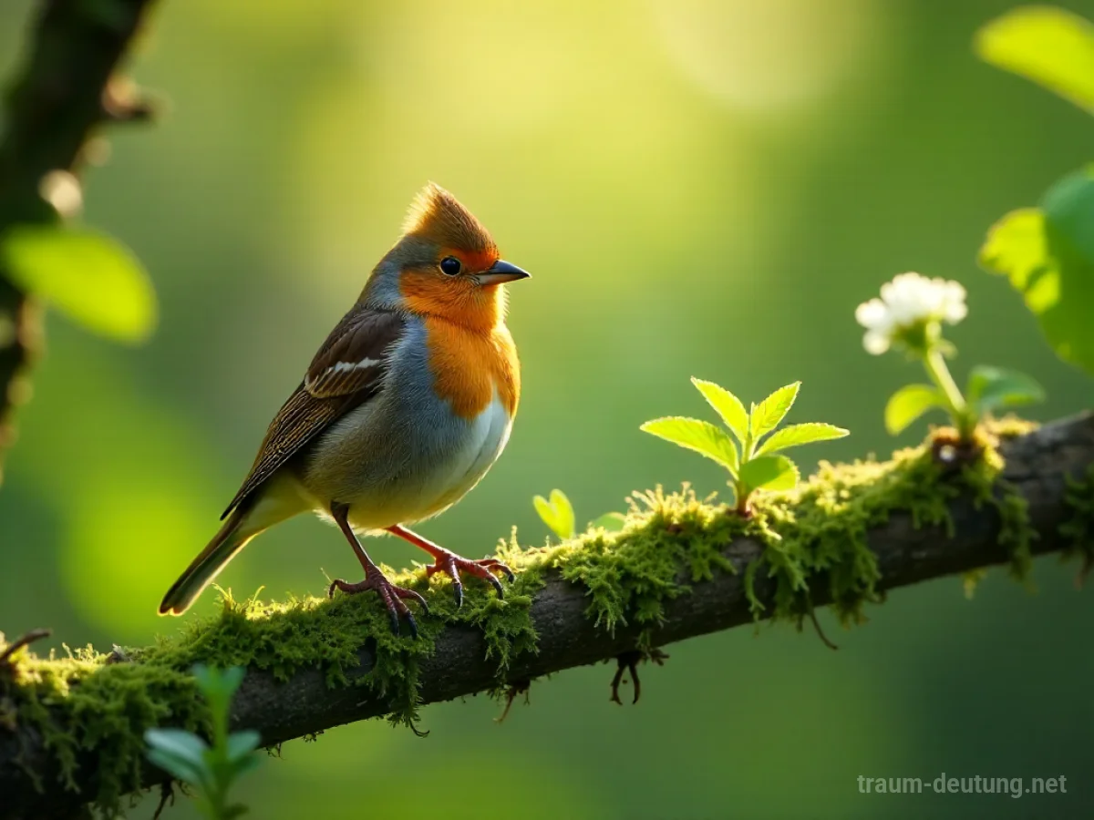 Traumsymbol Buchfink: Ein kleiner, lebendiger Buchfink sitzt auf einem moosbewachsenen Ast in einem sonnenbeschienenen Wald, umgeben von taufrischen Blättern und zarten Wildblumen.