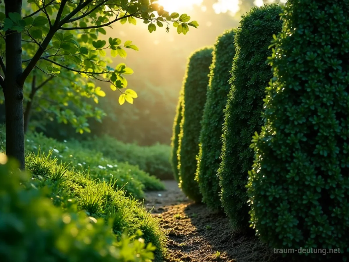 Traumsymbol Buchsbaum: Ein dicht geformter, immergrüner Buchsbaum-Strauch steht in einem taufrischen Garten bei Sonnenaufgang, mit goldenem Licht, das durch die Blätter fällt.