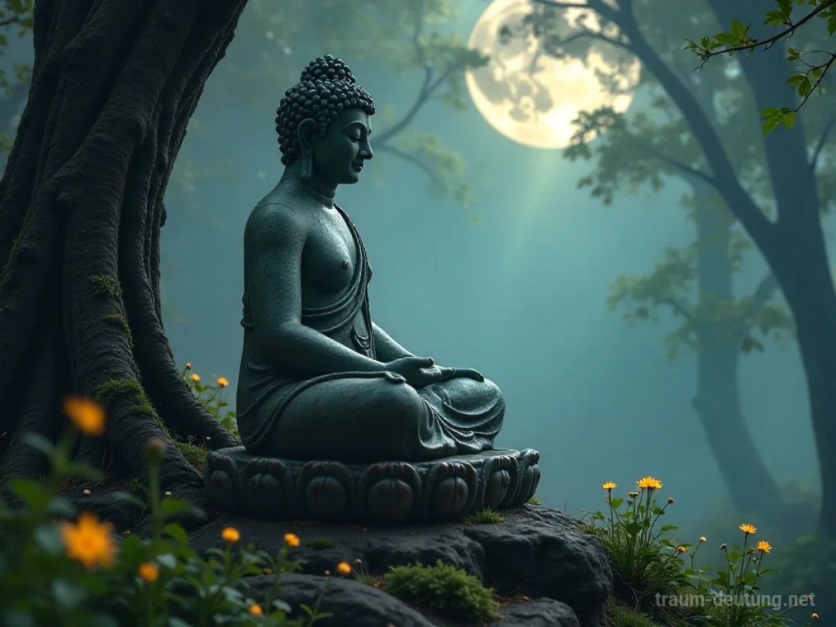 Traumdeutung Buddha: Eine strahlende Buddha-Statue aus verwittertem Stein sitzt in tiefer Meditation unter sanftem Mondlicht in einem nebligen Waldlichtung.