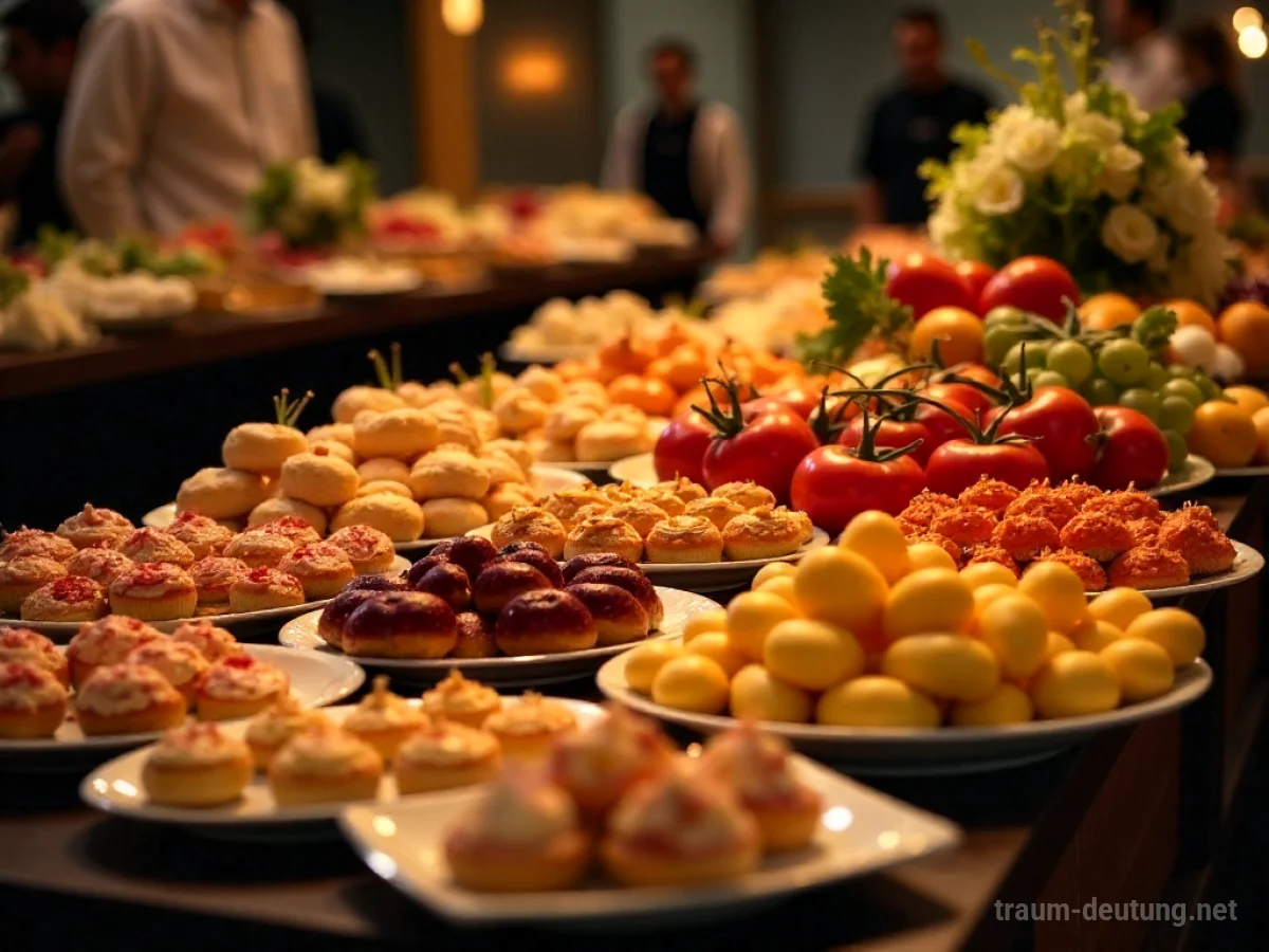 Traumdeutung Buffet: Ein reich gedeckter Buffet-Tisch mit einer Fülle vielfältiger Speisen, beleuchtet von warmem, stimmungsvollem Licht.