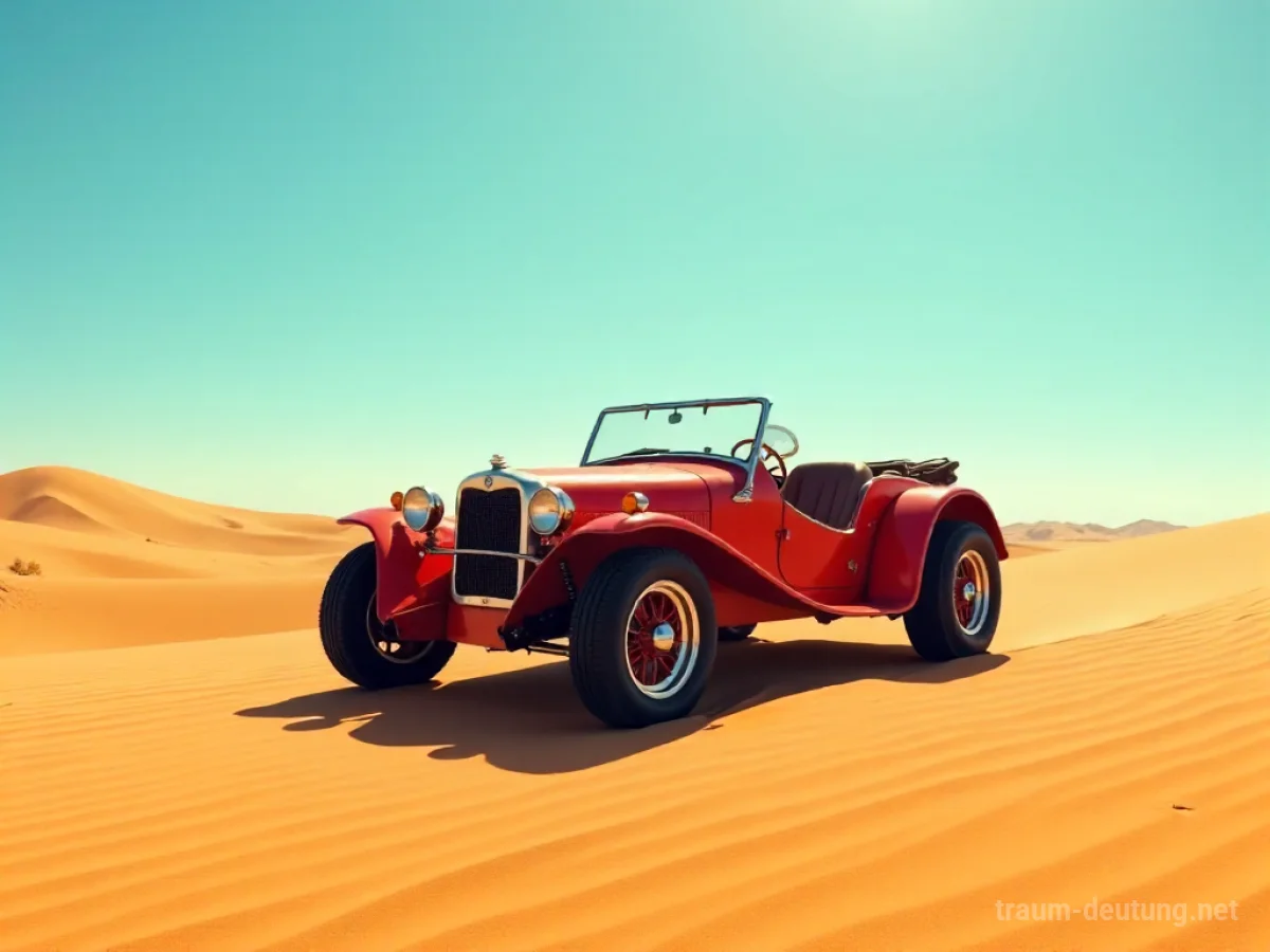 Traumsymbol Buggy: Ein roter Vintage-Buggy steht auf einer weiten, goldenen Sanddüne unter einem strahlend blauen Himmel, die Sonne wirft lange Schatten.