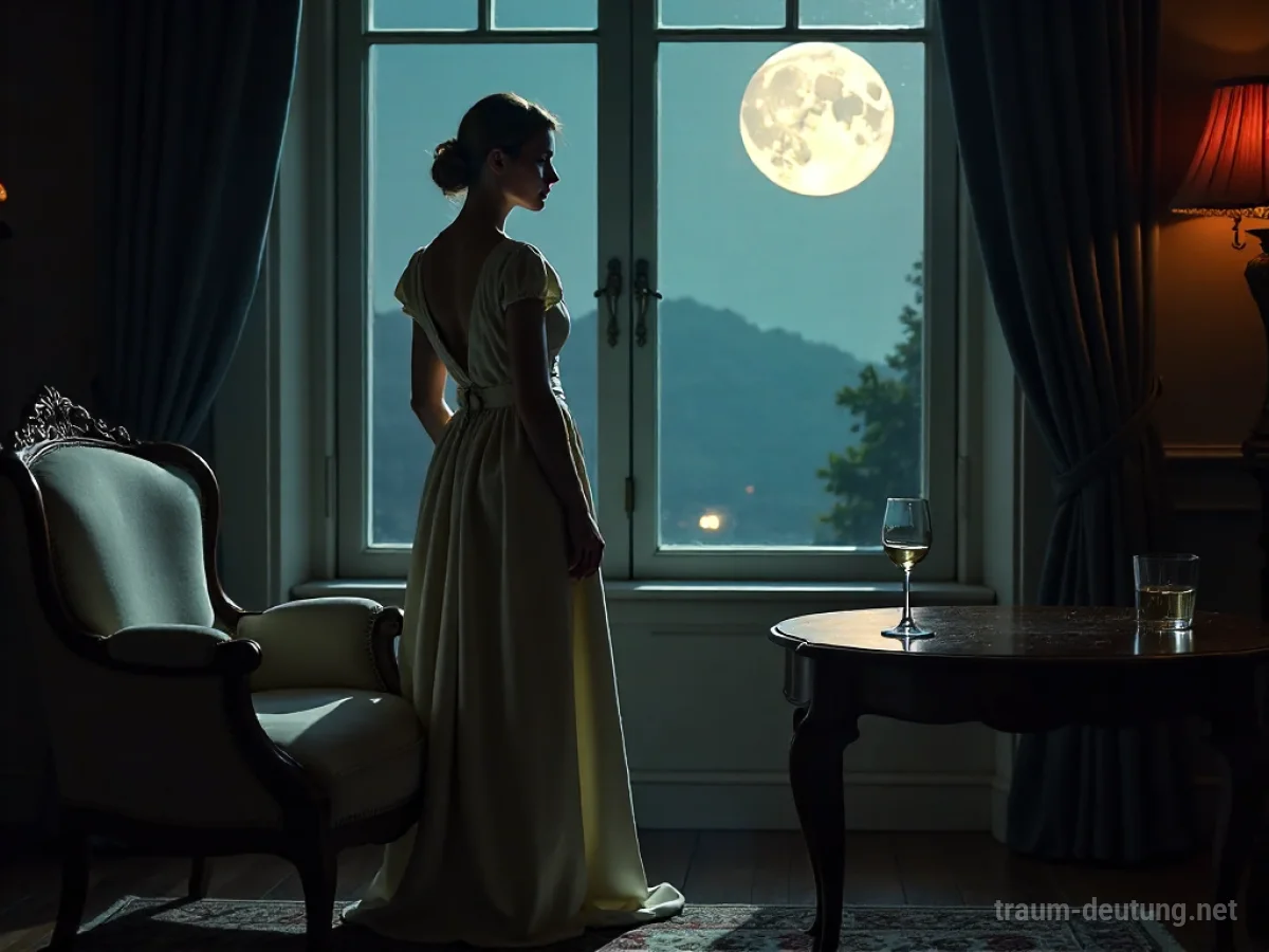 Traumdeutung Buhle: Eine einsame, elegant gekleidete Figur steht in einem schwach beleuchteten Boudoir, während Mondlicht durch ein Fenster fällt.
