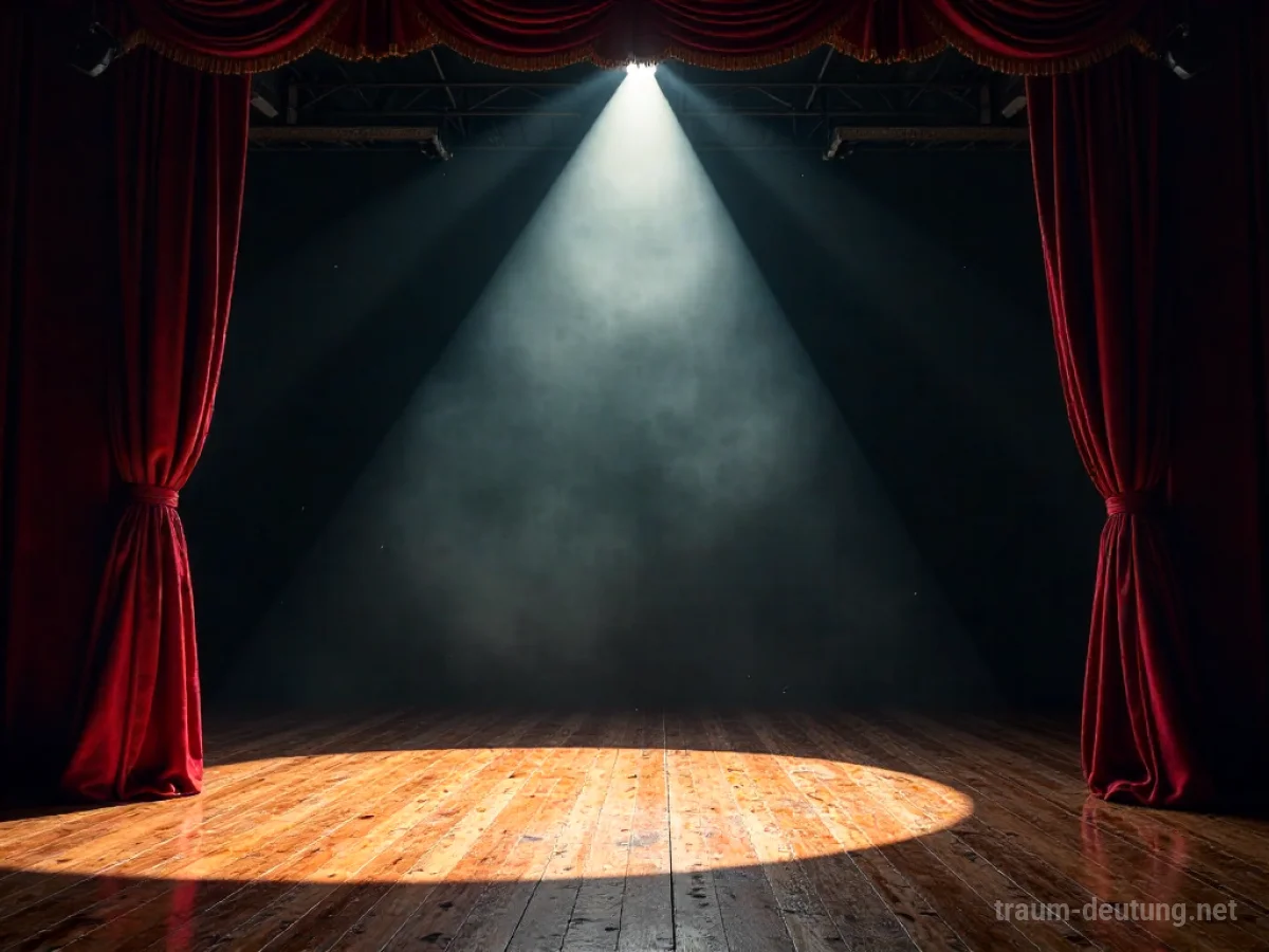 Traumsymbol Bühne: Eine leere Theaterbühne im Scheinwerferlicht, umgeben von schweren Samtvorhängen, symbolisiert die psychologische Bedeutung von Auftritt und Anerkennung im Traum.