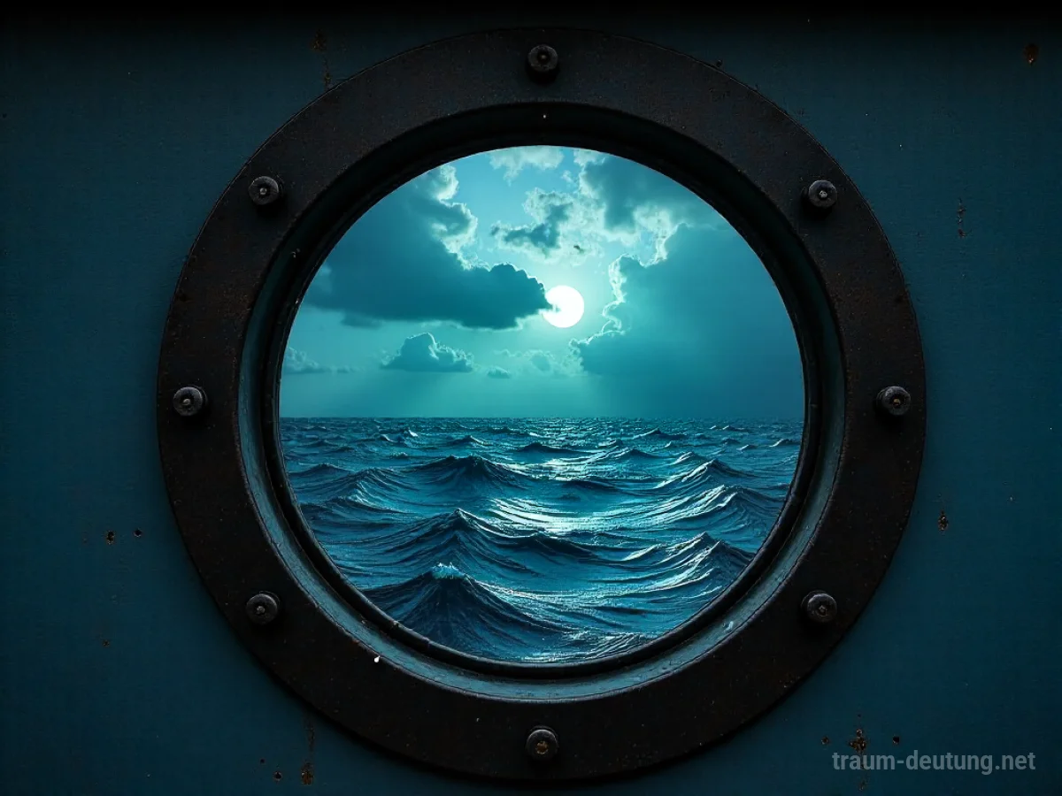 Traumsymbol Bullauge: Ein rundes, altes Bullauge auf einem Schiff mit Blick auf einen stürmischen Ozean im Mondlicht.