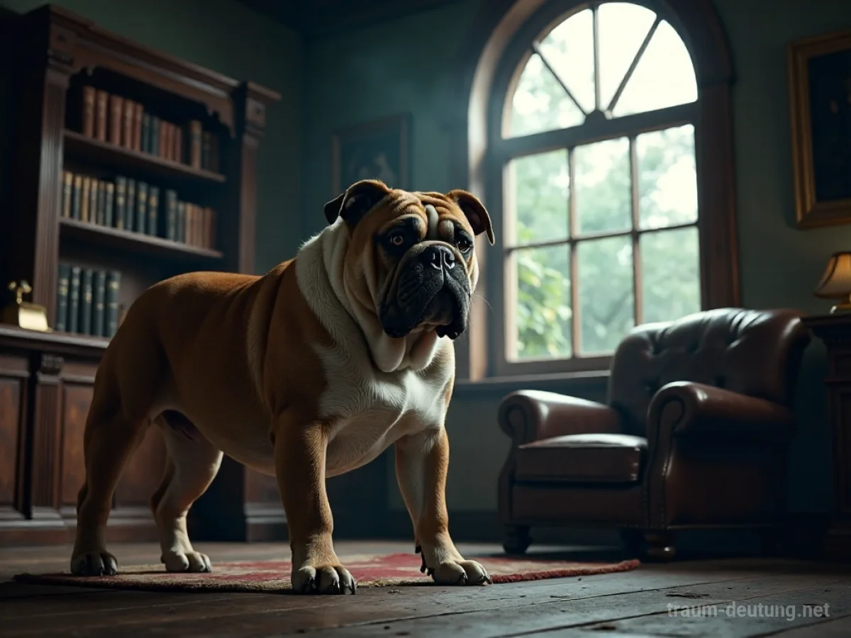 Traumsymbol Bulldogge: Eine muskulöse Bulldogge steht schützend in einem spärlich beleuchteten, alten Arbeitszimmer im Mondlicht.
